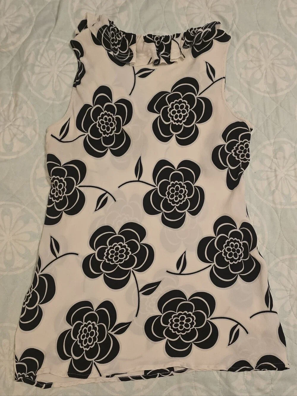Tory Burch 100% Silk Black & White Floral Ruffle Sleeveless Top, Women's 10